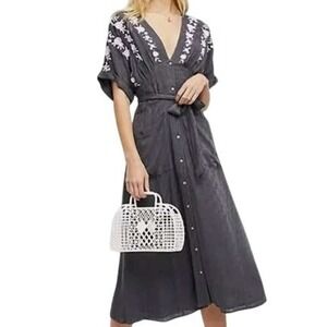 Free People Embroidered Maxi Dress Grey Pink Floral V-Neck Button Front Large